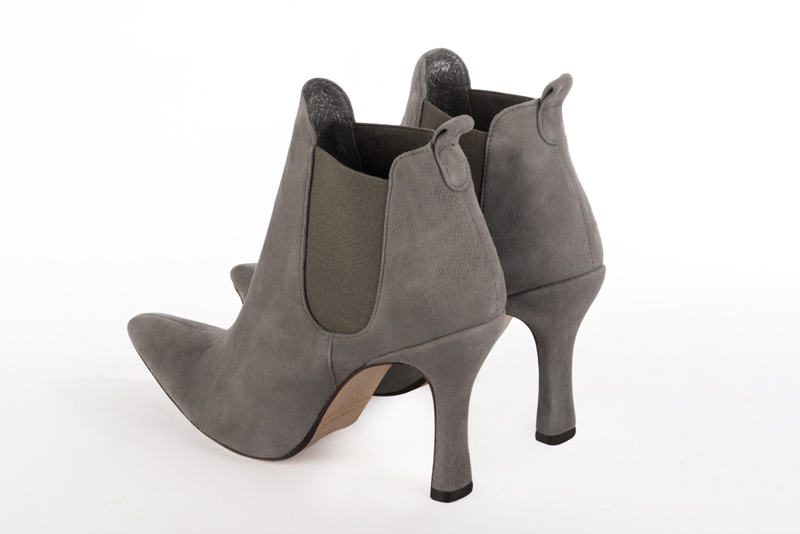 Bronze beige and taupe brown women's ankle boots with buckles. Tapered toe. Very high spool heels. Rear view - Florence KOOIJMAN
